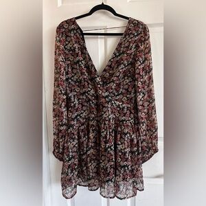 Bardot Black Floral V-Neck Long-Sleeve Dress with Pink & White Blossoms